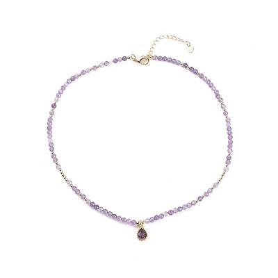 Cubic Zirconia Teardrop Pendant Necklace with Natural Amethyst Beaded Chains