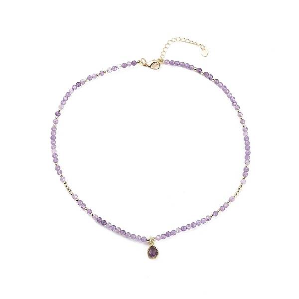 Cubic Zirconia Teardrop Pendant Necklace with Natural Amethyst Beaded Chains