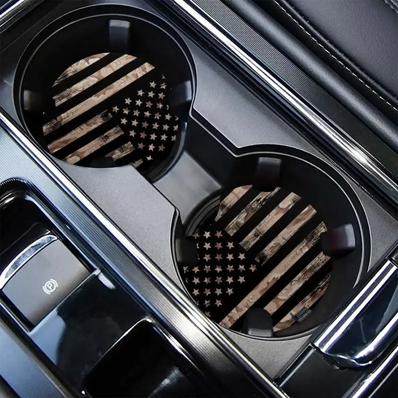 American Flag Pattern Car Coaster, 2 Counts Non-slip Absorbent Car Cup Holder Mat, Universal Car Interior Decoration Accessor...