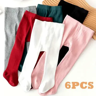 6pcs Girls' Solid Color Pantyhose Leggings - Stretchy Polyester & Spandex Blend, Perfect for All Seasons, Bottoming, Daily We...