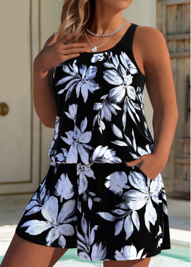 Modlily Floral Print Black One Piece Swimwear - S