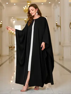 Arabic Clothing-Women's Solid Batwing Sleeve Button Abaya, Modest Split Hem Muslim Robe, Islamic Clothing for All Seasons