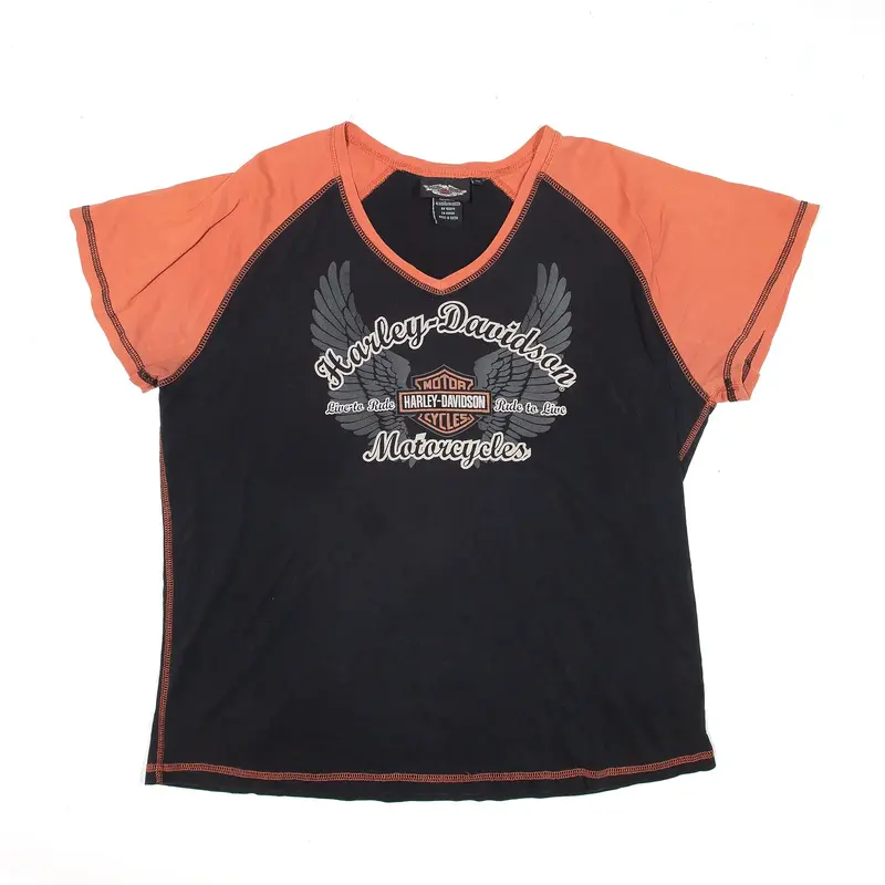 HARLEY DAVIDSON Motorcycle T-Shirt Black V-Neck Short Sleeve Womens XL