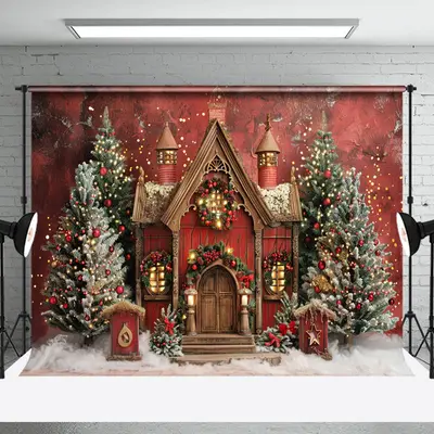 Snowy Red Brown House Trees Christmas Photo Backdrop