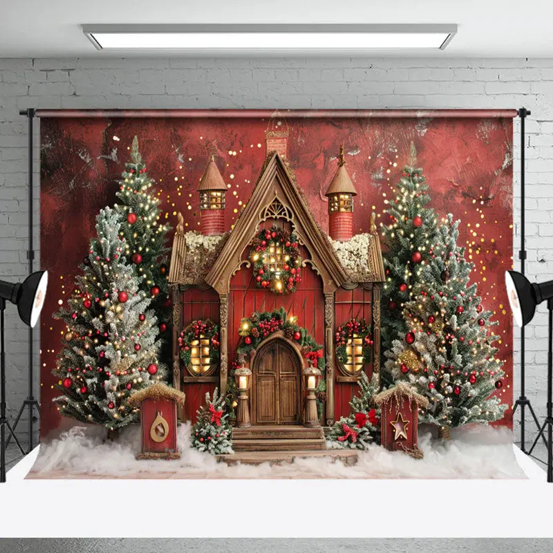 Snowy Red Brown House Trees Christmas Photo Backdrop
