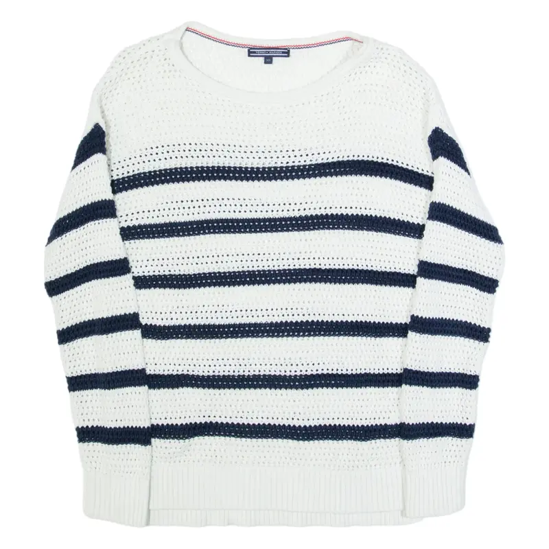 TOMMY HILFIGER Womens Patterned Jumper White Striped Open Knit XS