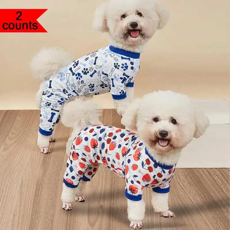 Cute Print Pet Pajamas, 2 Counts Soft and Stretchy Puppy Dog Clothes, Pet Sleepwear for Small and Medium Boys Dogs and Girls ...