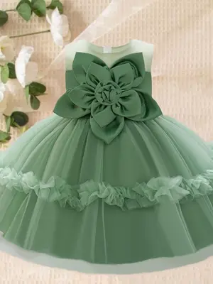 Baby Girl's Floral Decor Bow Back Frill Trim Formal Dress, Elegant Sleeveless Round Neck Tulle Dress for Party Wedding Guest,...
