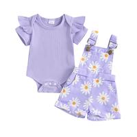 Newborn Baby Girl Clothes Ruffle Short Sleeve Ribbed Romper Daisy Suspender Overall Shorts Set 2Pcs Summer Outfits