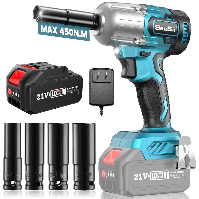 Seesii Cordless 1/2-inch Brushless Impact Wrench, 450N.m (332Ft-lbs), 4000mAh Battery, Charger & 4 Sockets, Portable Impact T...