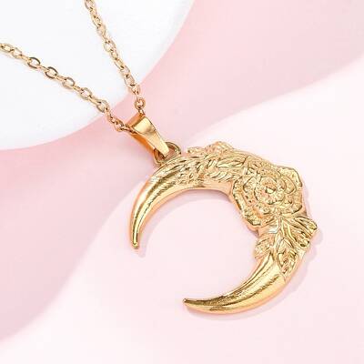 Moon with Flower 304 Stainless Steel Pendant Necklaces