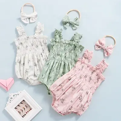 Baby Girl´s Sleeveless Jumpsuit Floral Print Elastic Bust Shoulder Straps Romper Bow Headband Clothing Dress