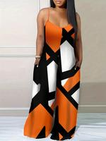 Women's Colorblock Print Pocket Cami Jumpsuit, Casual Sleeveless Wide Leg Jumpsuit for Daily Wear, Ladies Clothes for All Sea...