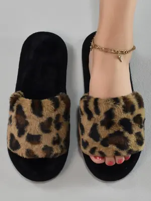 Women's Street Style Leopard Bedroom Slippers, Simple House Slippers with Open Toe Design, Casual Trendy Fluffy Fuzzy Slipper...