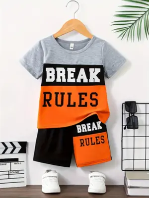 Two-piece Set Boy's Colorblock Letter Print Short Sleeve Tee & Shorts, Casual Summer Clothes for Kids, Short Sleeve T-shirt &...