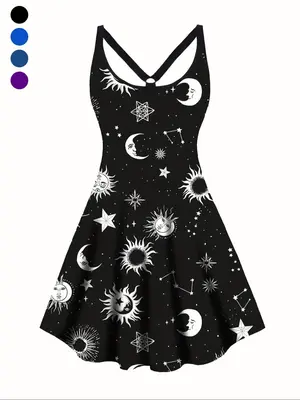 Women's Moon & Star Print Cut Out Backless Scoop Neck Tank Dress, Elegant Ring Linked A Line Short Dress for Vacation Holiday...