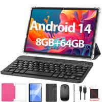 Tablet 10.1 Inch Android 14, 2 in 1 Portable Device with Keyboard, Mouse, Case, Stylus, 64GB ROM, 5+8MP Dual Camera, for fath...