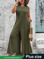 【Plus Size】 Solid Button Front Jumpsuit, Curvy Casual Comfy Sleeveless Jumpsuit for Daily Wear, Women's Plus Clothing for...