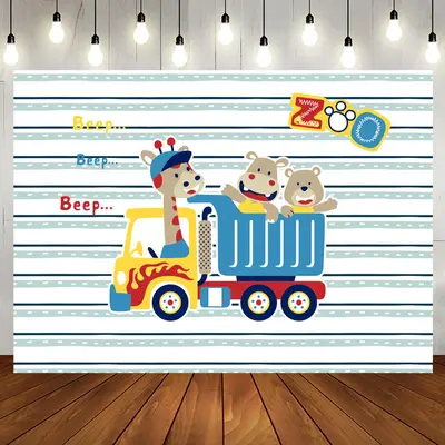 Beep Zoo Giraffa Bear Truck Stripe Birthday Backdrop