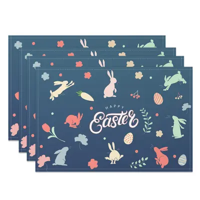 Aperturee Retro Blue Bunny Plant Easter Set Of 4 Placemats, 14x12 Inch, 15.8 USD, NYJY00445-S, placemats