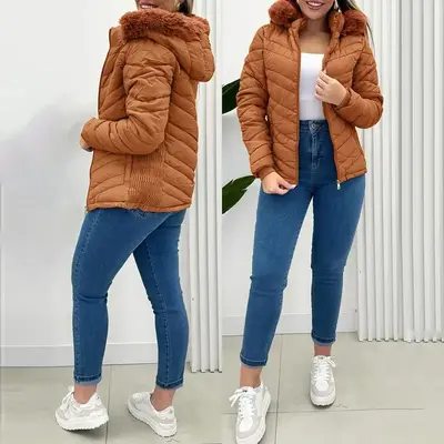 ChicMe Women's Zip Up Pocket Design Shirred Waist Jacket Fuzzy Trim Fleece Lined Hooded Puffer Coat Windproof Jackets