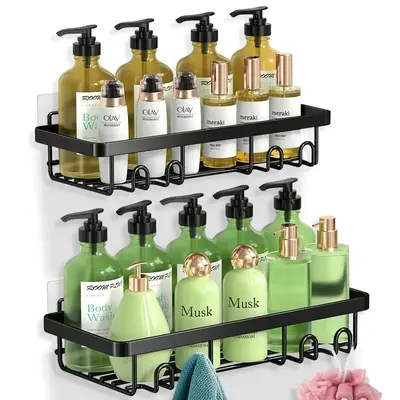 Shower Caddy Shelf Organizer Rack, Self Adhesive Black Bathroom Shelves Basket, Home Farmhouse Wall Shower Inside Organizatio...