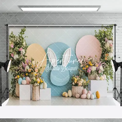 Aperturee Blue Bunny Ear Floral Eggs Easter Photo Backdrop, 3X2FT(1MX0.6M), 14 USD, easter backdrops, ENHD3J62-M