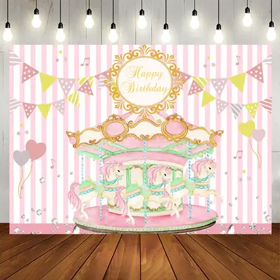 Aperturee Pink Carousel Flags Birthday Backdrop For Girl
