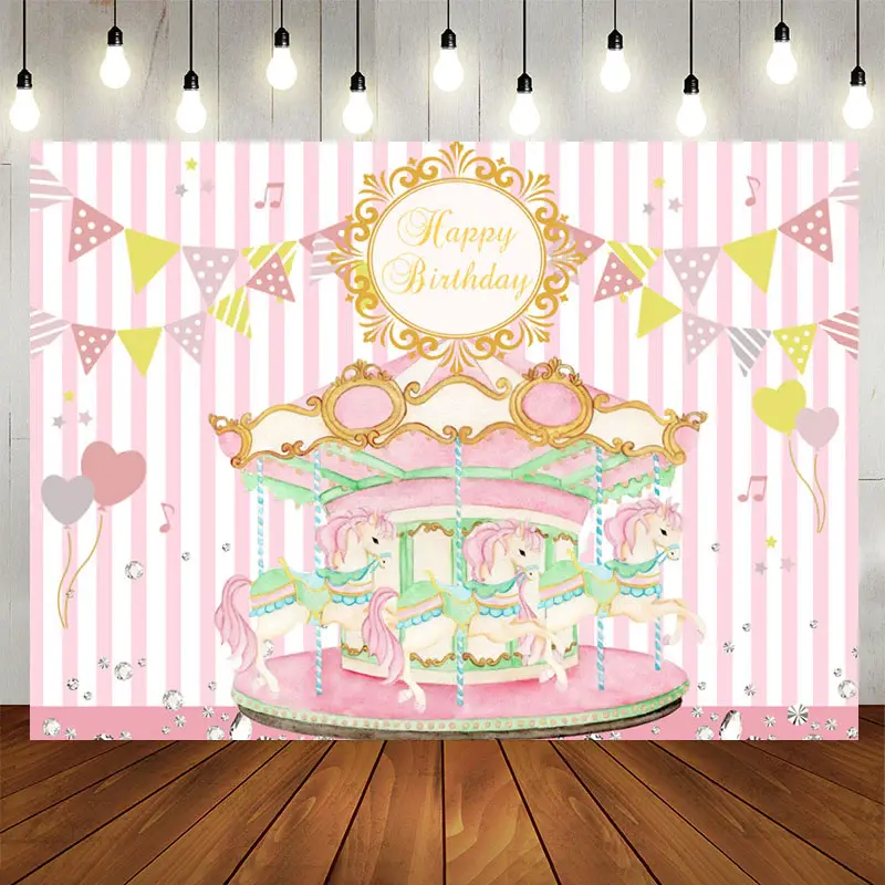 Aperturee Pink Carousel Flags Birthday Backdrop For Girl