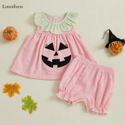 Infant Girl Toddler Baby Sweet Cute Halloween Costume Pumpkin Embroidery Plaid Print Vest and Stretch Shorts Set Fashion Cute...
