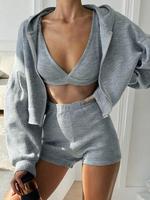 Women's Solid Ribbed Crop Tank Top & Shorts & Long Sleeve Outerwear Three-piece Set, Casual Fashion Cozy Three Piece Outfits ...