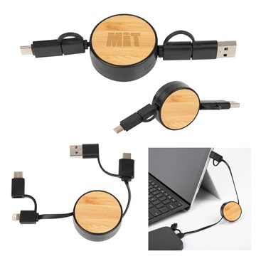 25 Custom Bamboo Retractable 3-In-1 Charging Cable - 30-Inch