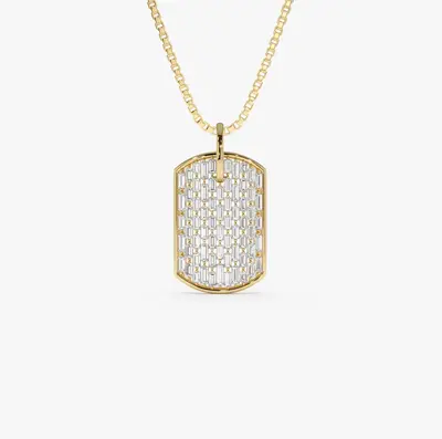 14K Gold 1.25 CT Baguette Diamond Dog Tag Pendant