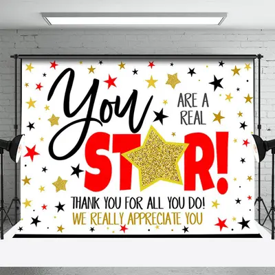 Red Gold You Star Thank You Appreciate Party Backdrop - Aperturee