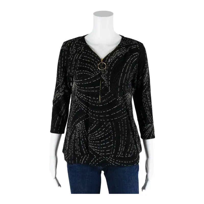 CARNABY Front Zip Top Black V-Neck Spotted 3/4 Sleeve Womens M