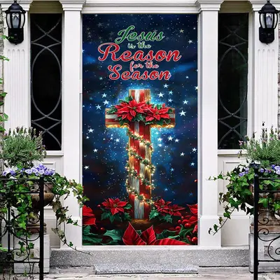Starry Night Cross Red Floral Christmas Door Cover - Aperturee