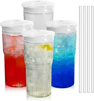 4 Packs 22 oz Glass  with Lids and Straws, Glass Coffee Tumbler, Tumbler Water Glass, Water Bottle, Thick Wall Glass Coffee M...
