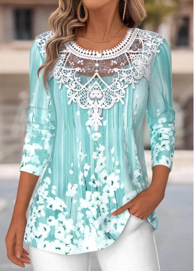 Modlily Cyan Tummy Coverage Floral Print Long Sleeve T Shirt - S