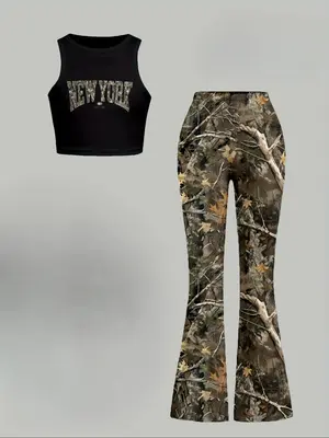 Toddler Girl's Camo Print Tank Top & Flare Leg Pants Set, Casual Sleeveless Top & Bell Bottom Trousers for Summer, Kids Cloth...