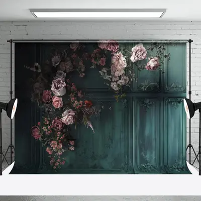 Retro Dark Green Wall Pink Floral Fine Art Backdrop