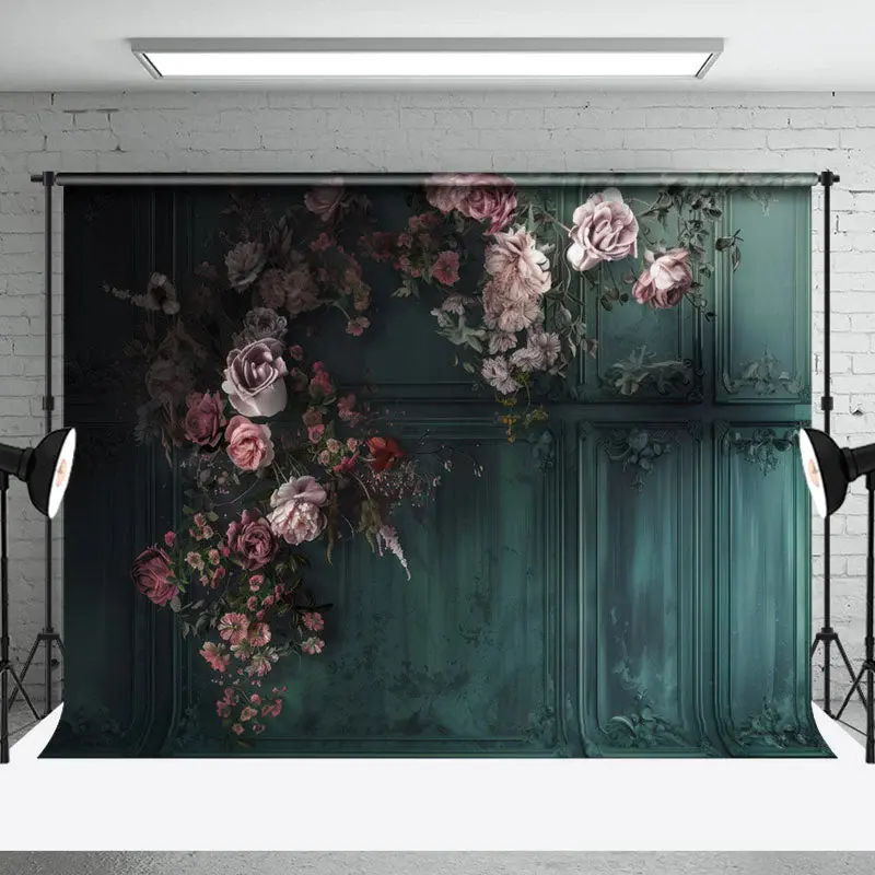 Retro Dark Green Wall Pink Floral Fine Art Backdrop