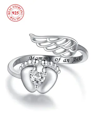 S925 Sterling Silver Angel Wing Design Ring, Heart & Footprint Design Ring with Box, Fashion Jewelry Accessories for Women & ...