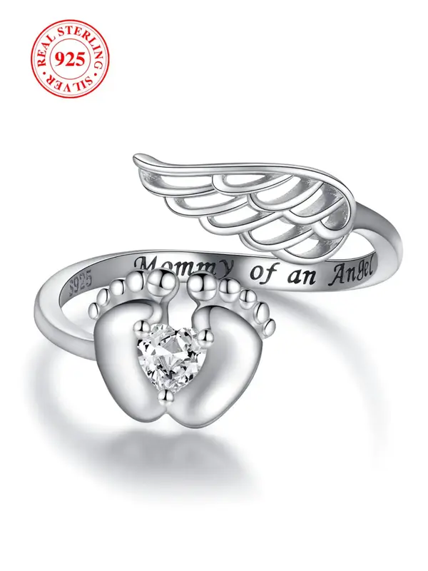S925 Sterling Silver Angel Wing Design Ring, Heart & Footprint Design Ring with Box, Fashion Jewelry Accessories for Women & ...