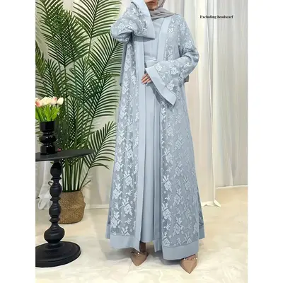 Cultural Grace, Elegant Muslim Women's Abaya and Hijab Set - Light Blue Floral Long Robe with Matching Headscarf, Polyester, ...