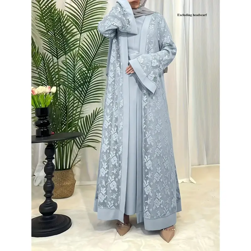 Cultural Grace, Elegant Muslim Women's Abaya and Hijab Set - Light Blue Floral Long Robe with Matching Headscarf, Polyester, ...