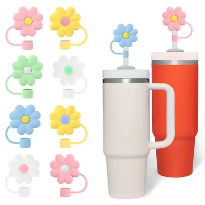 Random Color Flower Shaped Straw Lid, Reusable Silicone Drinking Straw Cover, Drinkware Accessories For Home Kitchen Office, ...