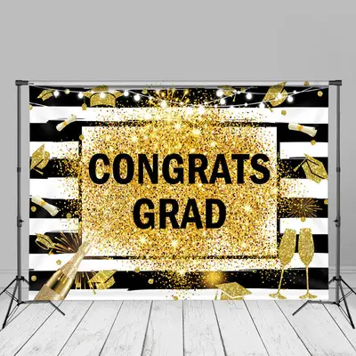 Gold Glitter Black White Stripe Grad Photo Backdrop - Aperturee