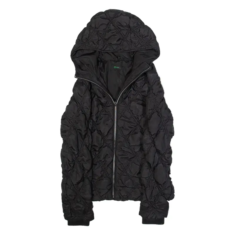 BENETTON Womens Quilted Jacket Black Hooded Diamond M