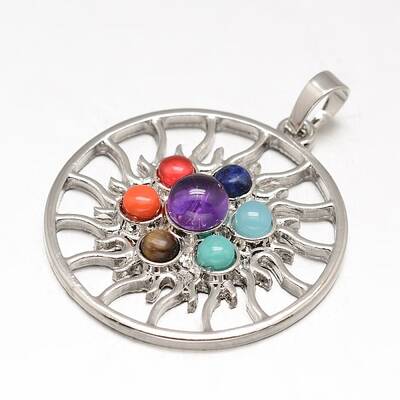 Chakra Jewelry Brass Gemstone Flat Round Pendants