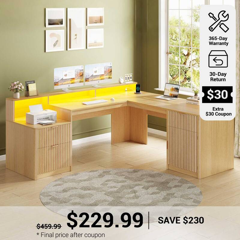 SEDETA 66 Inch Modern L Shaped Desk with Drawers Fluted Home Office Desk with File Cabinet and Printer Shelf Wood Executive D...